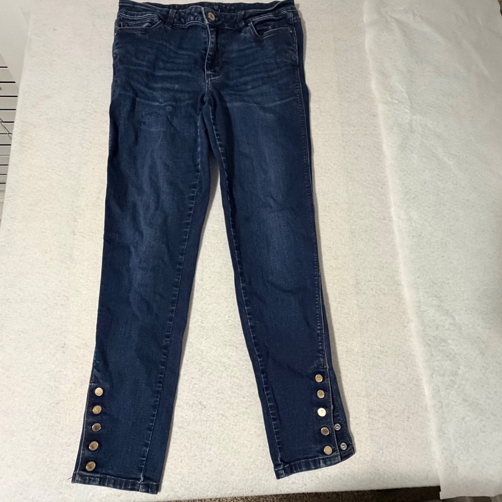 White House Black Market Skimmer Jeans Sz 8 Dark Wash Button Hem Ankle Slim Fit